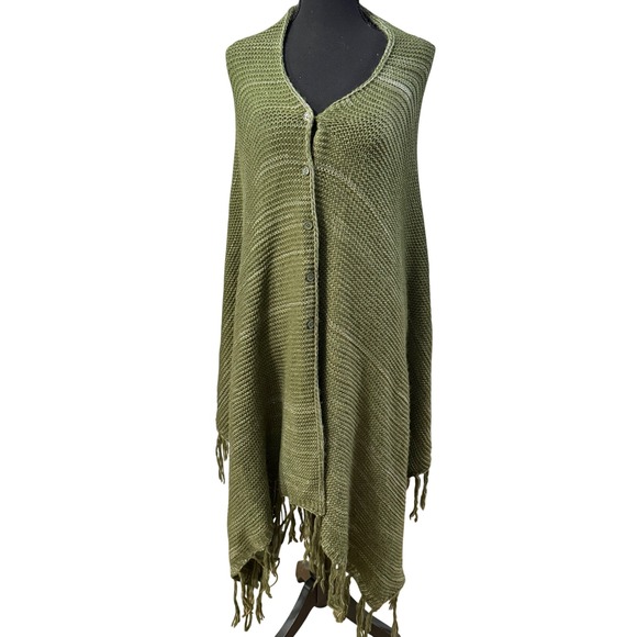 LuLaRoe Sweaters - LuLaRoe Mimi Knit Button Front Fringe Wrap Shawl Poncho Olive Green OS